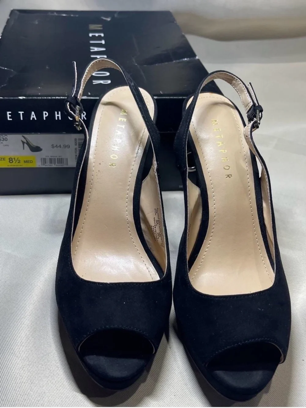 Metaphor Black Suede Peep-Toe Slingback Heels